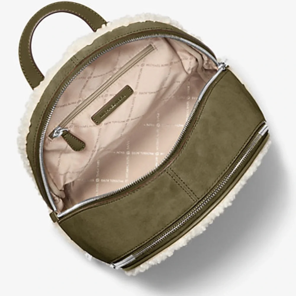 MICHAEL KORS Rhea Medium Suede and Faux Shearling Backpack Olive NWT